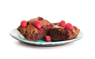 Plate with pieces of raspberry chocolate brownie on white background