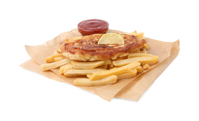 Tasty fish in soda water batter, lemon slice, potato chips and tomato sauce isolated on white