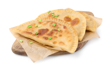 Delicious fried chebureki with cheese and onion isolated on white