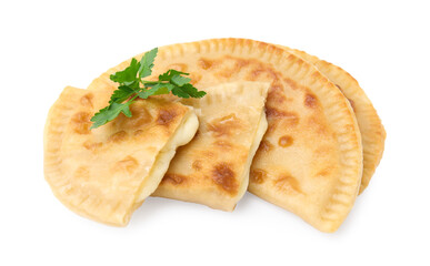 Delicious fried chebureki with cheese and parsley isolated on white