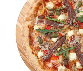 Tasty pizza with anchovies, arugula and olives isolated on white, top view