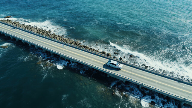 an aerial view of a car driving across a bridge over the ocean. Generative Ai