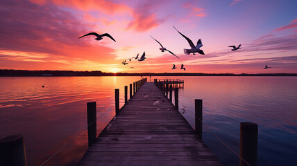 Naklejka na ściany i meble sunset behind a dock with birds flying over the water. Generative Ai