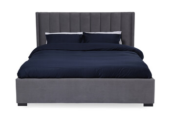 Comfortable gray bed with dark blue linens on white background