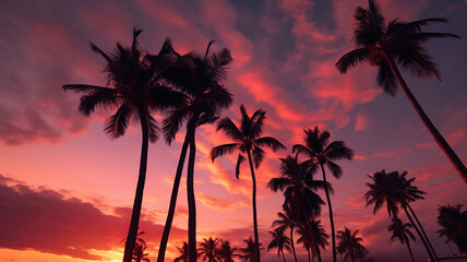 palm trees reflect the reflection of the setting sun in clouds. Generative Ai