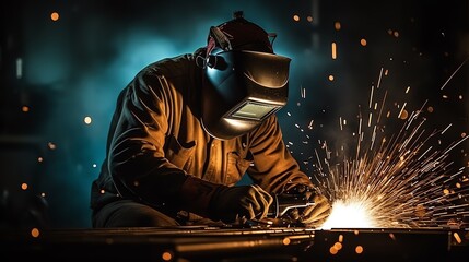 Welder in welding helmet working on metal with sparks in a dark room