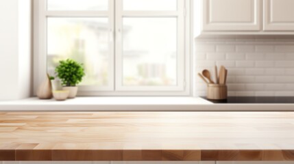 Fototapeta na wymiar Empty wooden table top in front of a kitchen window