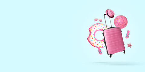 Pink suitcase and beach accessories flying on pale light blue background. Banner design with space for text