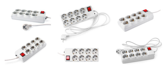Collage with power strip on white background, different sides