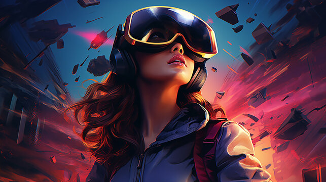 Mulher bonita na ilustra&ccedil;&atilde;o 3D do metaverso dos &oacute;culos de realidade virtual