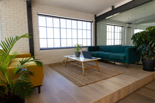 Casual office lounge break out area with sofas, coffee table, plants and big windows, copy space