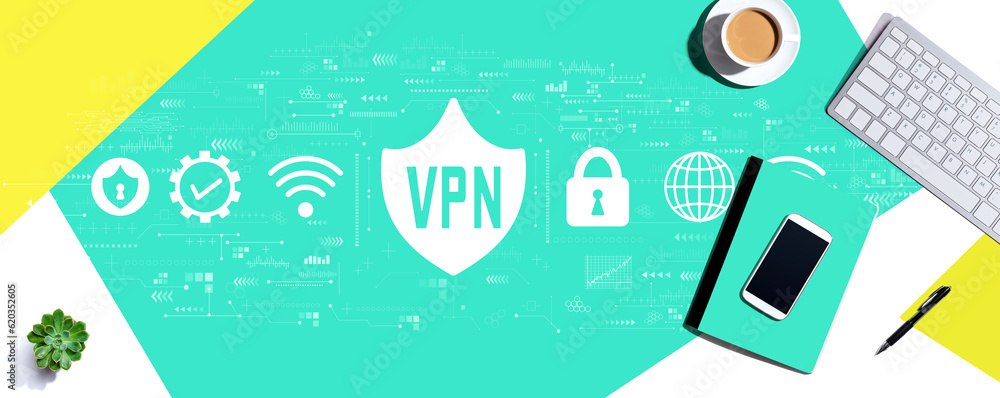 Aufkleber vpn concept with a computer keyboard and office items