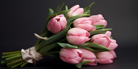 Pink tulip wedding bouquet flower on blurred background. AI Generated