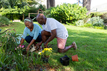 Happy african american senior couple talking and planting flowers in sunny garden at home