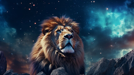 Naklejka premium O leão de rosto grande em pé na montanha contra o céu estrelado. espaço de tempo
