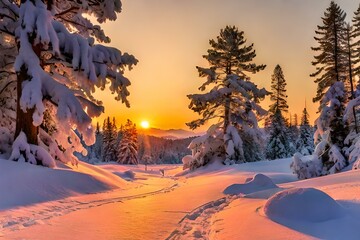 winter sunset in the mountains  Generative AI