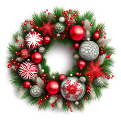 Fototapeta na wymiar A christmas wreath with red and silver ornaments. Generative AI.