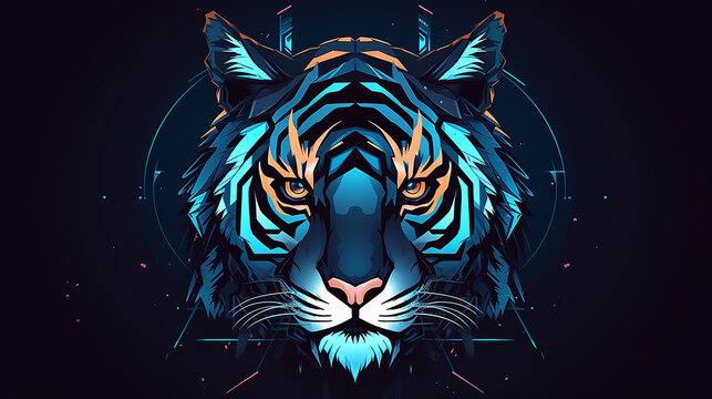 Logotipo do tigre no estilo do cyber punk, logotipo plano futurista com ilustra&ccedil;&atilde;o plana de tigre, sem texto