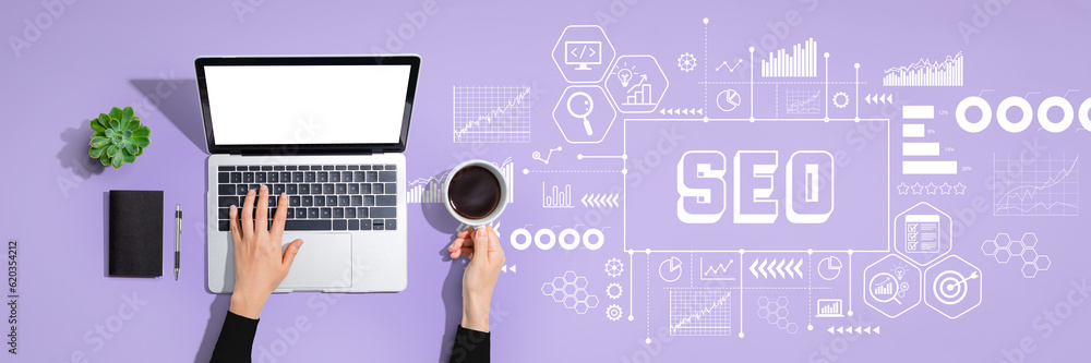 Aufkleber seo - search engine optimization theme with person using a laptop computer