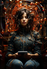 Fototapeta na wymiar A woman sitting in a chair holding a tablet. Generative AI. Esoteric knowledge, conspiracy theories, mystical hidden truth, manipulation of facts.
