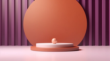 Round podium on light purple and orange background. Lavender and lilac colors, monochromatic product pedestal, Generative AI.