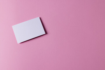 Fototapeta na wymiar White business card with copy space on pink background