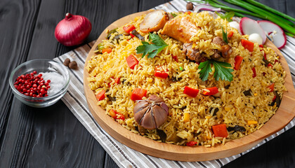 Uzbek pilaf and ingredients on black wooden background. Plov - rice prepared with vegetables and meat.