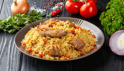 Uzbek pilaf and ingredients on black wooden background. Plov - rice prepared with vegetables and...