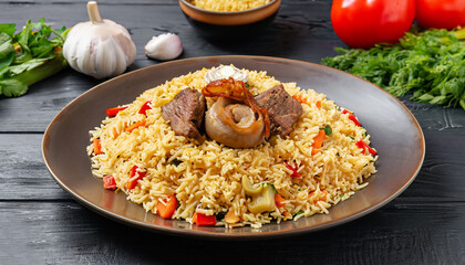 Uzbek pilaf and ingredients on black wooden background. Plov - rice prepared with vegetables and meat.