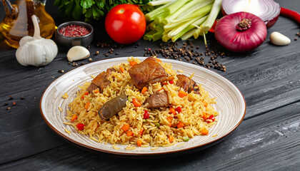 Uzbek pilaf and ingredients on black wooden background. Plov - rice prepared with vegetables and...