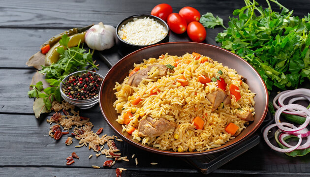 Uzbek pilaf and ingredients on black wooden background. Plov - rice prepared with vegetables and meat.