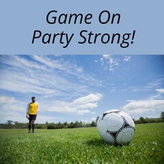 Composition of game on friends party strong text over african american football players on field