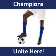 Composition of champions unite here text over african american football player on white background