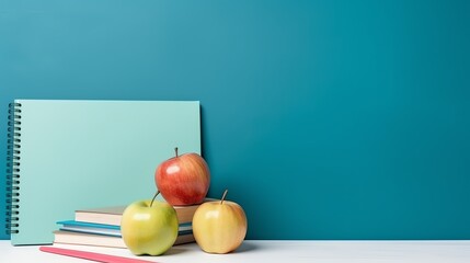 Apples, books and a notebook with a teal background. Back to school banner. Space for text.
