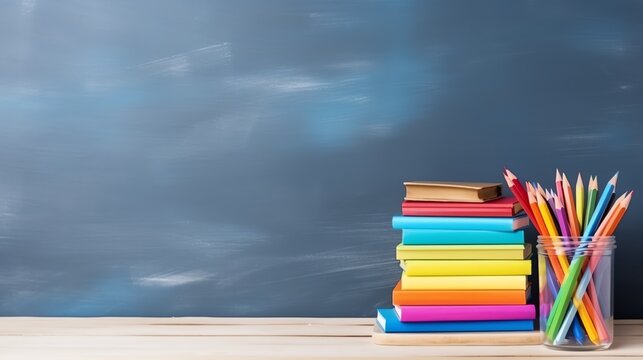 Colored pencils and books with chalkboard background. Back to school banner. Space for text.