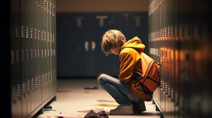 Upset boy, teenager, sitting at school after being bullied by classmates. School bullying.