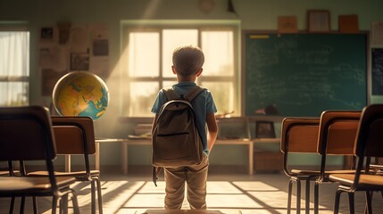 Young boy in a classroom on his first day of school - obrazy, fototapety, plakaty