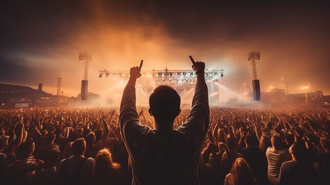 Hands in the air at a crowded concert venue. People cheering at a music festival. Energetic audience at a live event looking at a bright stage.