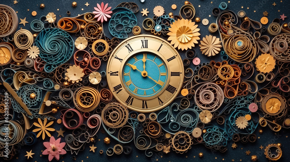 Poster a clock surrounded by many different colored paper flowers. generative ai.