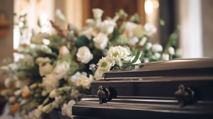 Funeral casket with white flowers in a church - obrazy, fototapety, plakaty