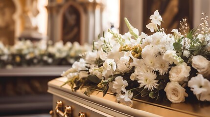 Funeral casket with white flowers in a church