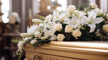 Funeral casket with white flowers in a church