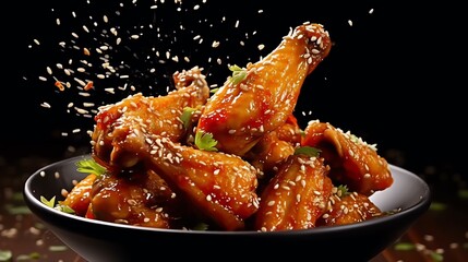 Delicious crispy BBQ chicken wings with sesame - obrazy, fototapety, plakaty