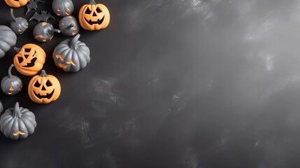 Jack-o-lantern decorations on spooky dark background. Halloween banner. October social media header. Space for text.