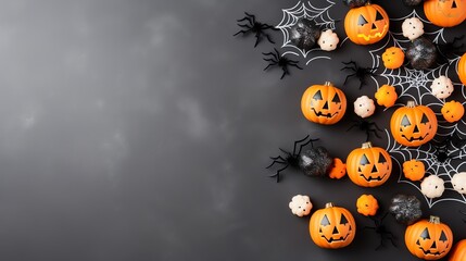 Jack-o-lanterns, spiders and spider webs decorations on spooky dark background. Halloween banner. October social media header. Space for text.