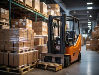 A large warehouse with rows of multiple stacks of boxes and merchandise, forklift loads pallets and boxes in warehouse. Generative AI