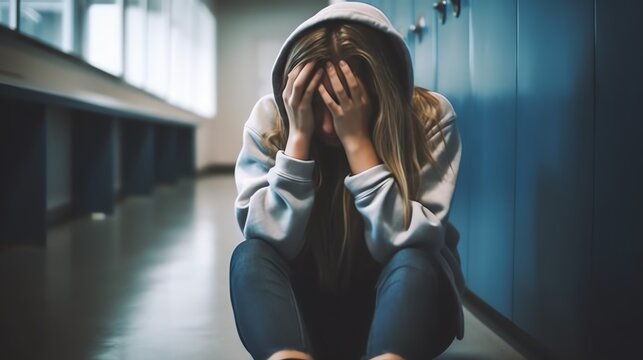 Upset teenage girl, sitting at school after being bullied by classmates. School bullying. - Powered by Adobe