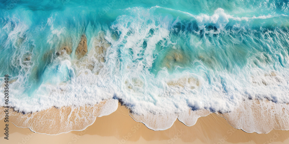 Poster an aerial view of a beach with waves. generative ai.