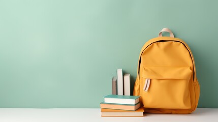 School backpack with books, pastel green background. Back to school concept. Space for text. - obrazy, fototapety, plakaty