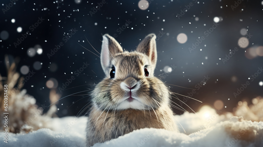 Poster a rabbit is sitting in the snow looking at the camera. generative ai.